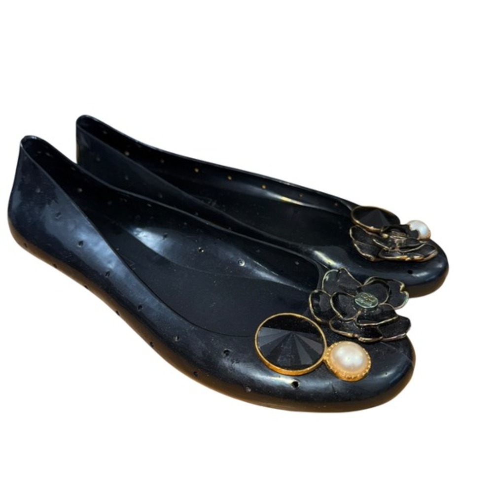 BCBG‎ Max Azria Womens 7 Pre-Owned Black Jelly Ballet Flats Embellished Flower